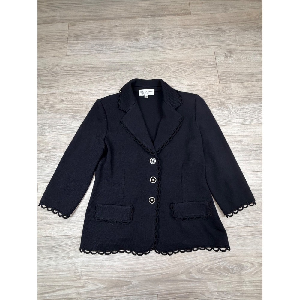 St John Collection Navy Blue Scalloped Knit Blazer Jacket Santana Knit Size 8